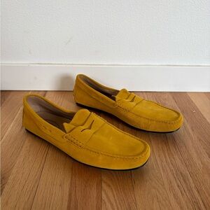 Tod’s Gommino Men's Suede Leather Slip on Penny Loafers in Mustard Yellow